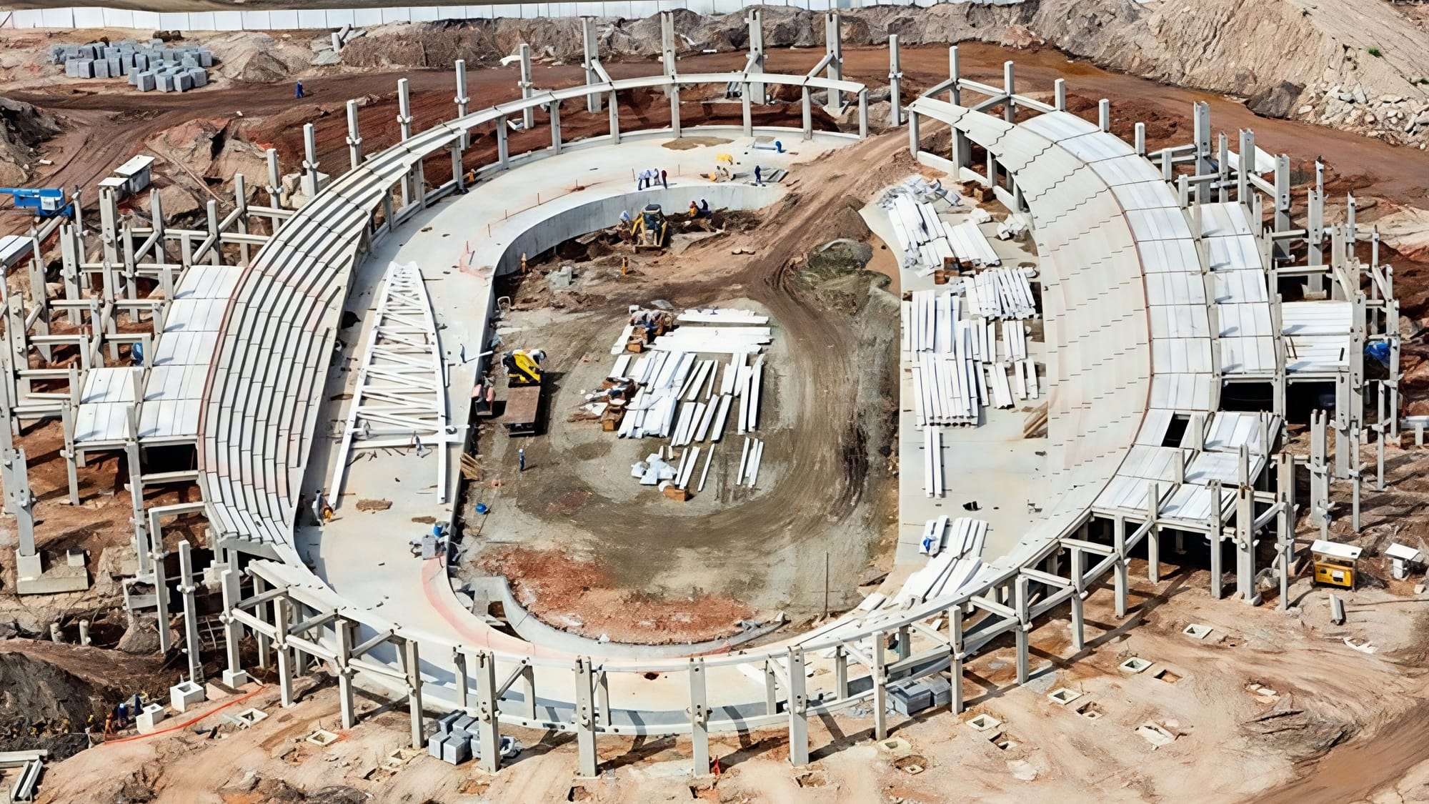 Estrutura em concreto pré-moldado em fase de montagem, vista aérea da obra