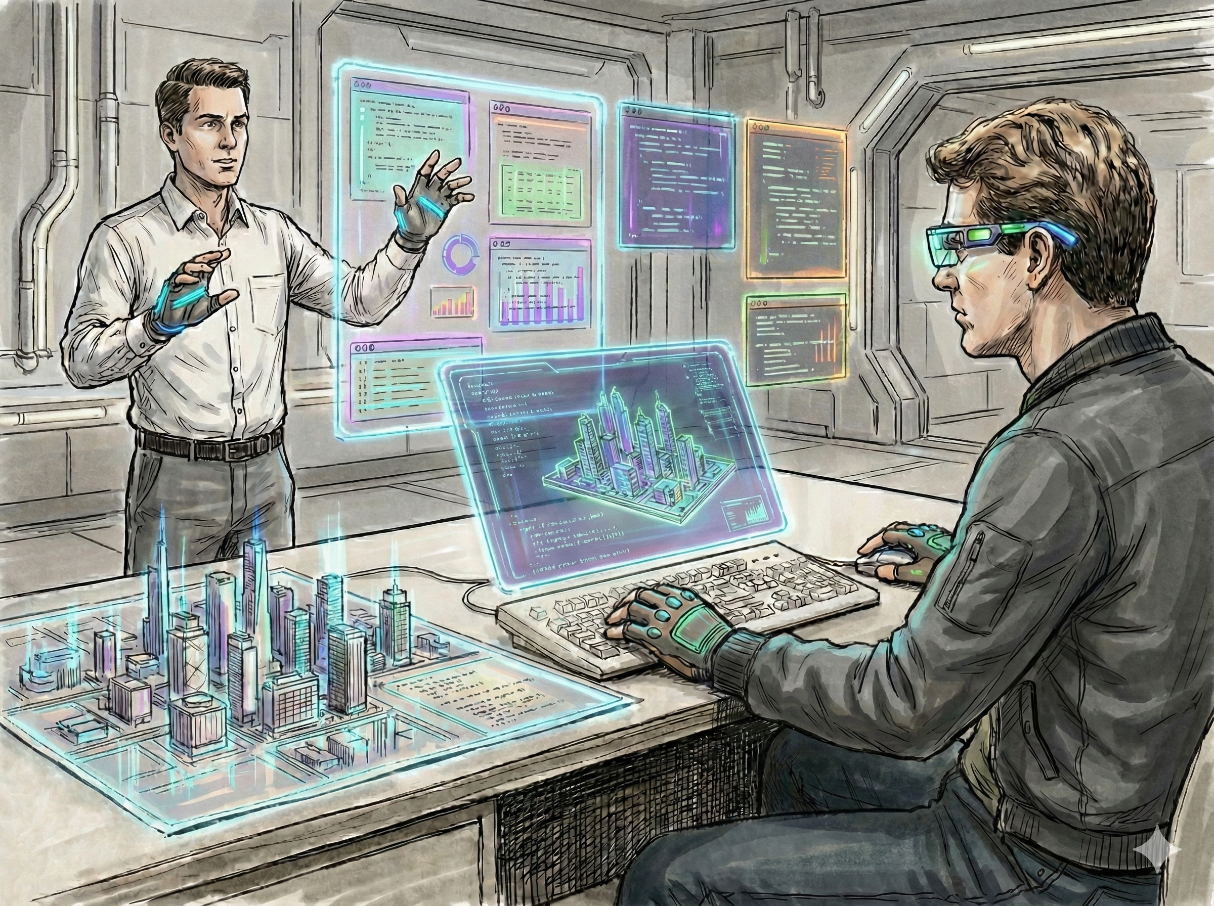 Dois profissionais interagindo com modelos 3D e painéis digitais, utilizando interfaces holográficas para simular uma cidade com apoio de IA