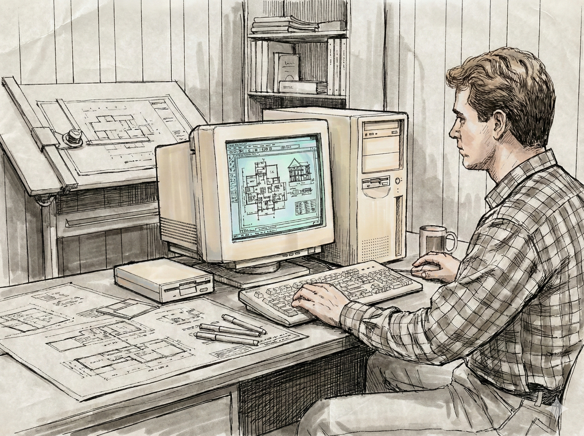 Arquiteto trabalhando em um computador de mesa dos anos 90 com software CAD exibindo plantas arquitetônicas.