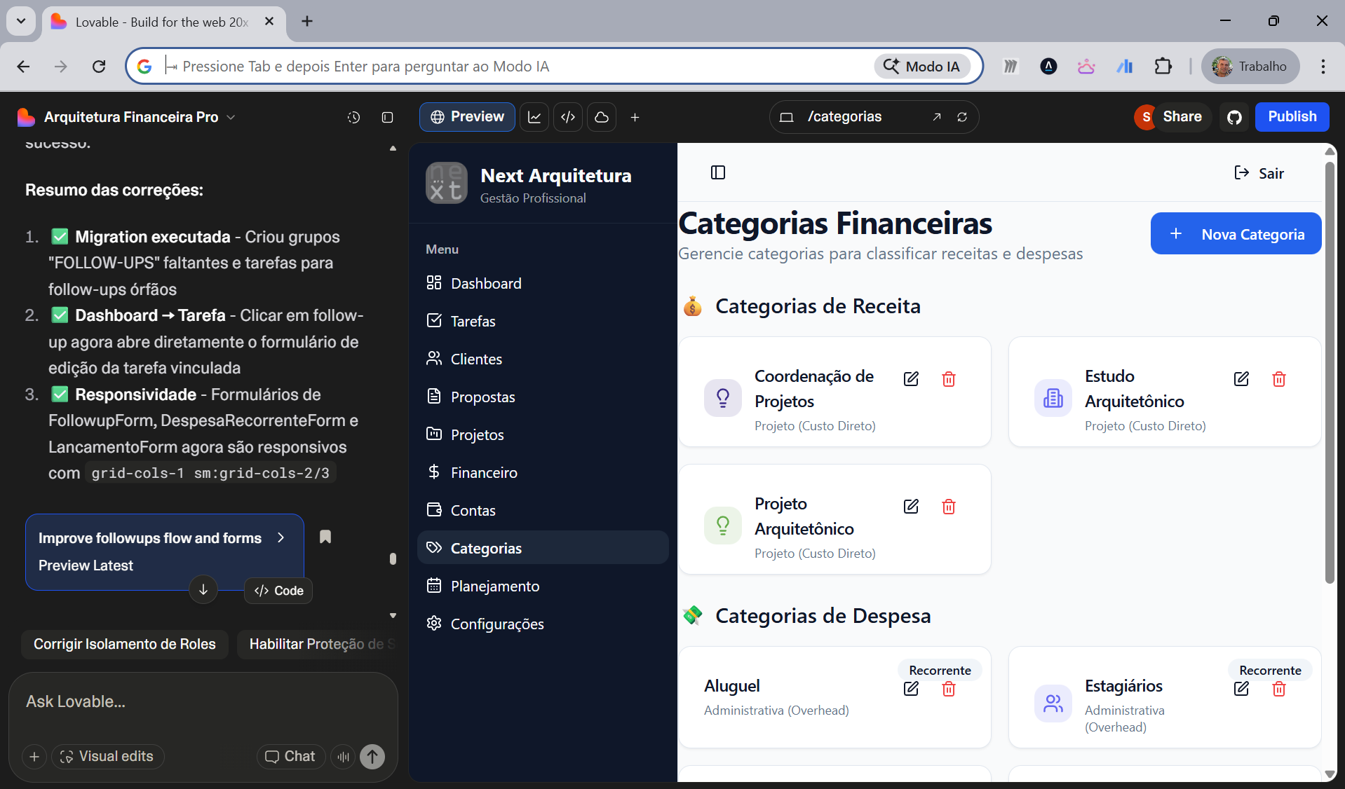 Tela de desenvolvimento do Lovable e apliacação voltada para gestão de escritórios de arquitetura