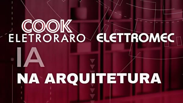 Banner da palestra “IA na Arquitetura” realizada para Cook Eletroraro e Eletromec, com fundo vermelho e elementos geométricos.